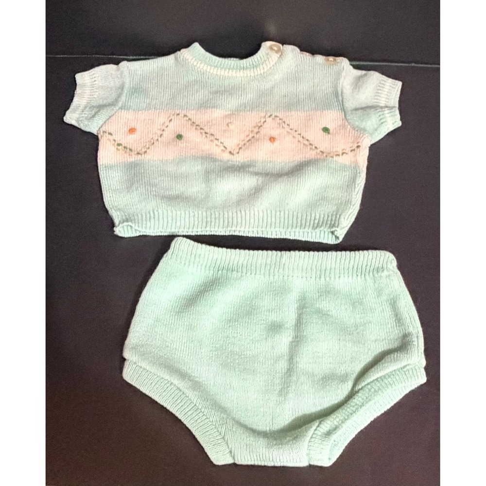Soft Spun Vintage Mint Green Knit Sweater and Bloomers Set 0-3 Months Japan